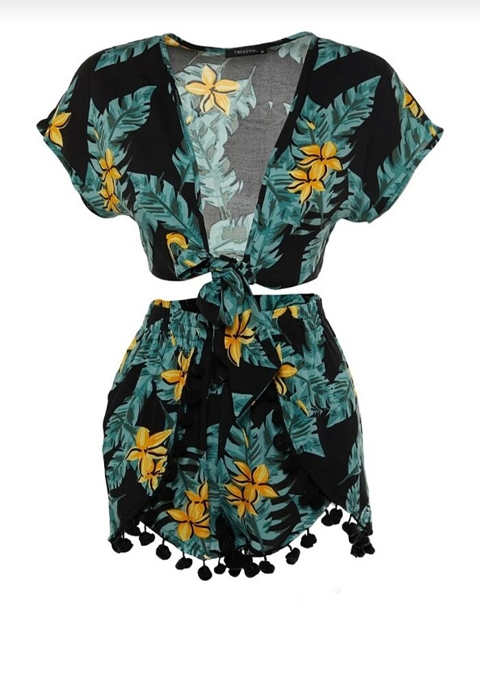 Tropik desenli viskon plaj alt/üst takim - Görsel 2