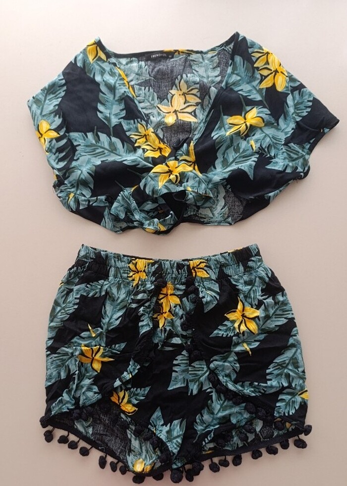 Tropik desenli viskon plaj alt/üst takim - Görsel 4