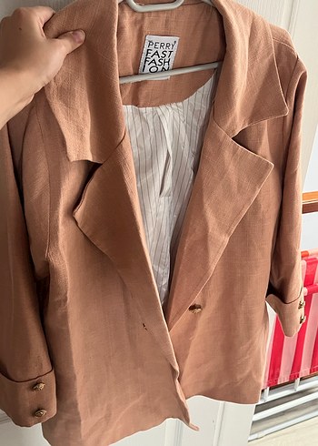 Bej Düğmeli Kadın Keten Blazer - Görsel 4