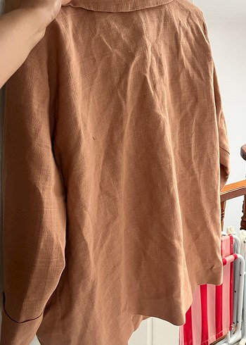 Bej Düğmeli Kadın Keten Blazer - Görsel 2