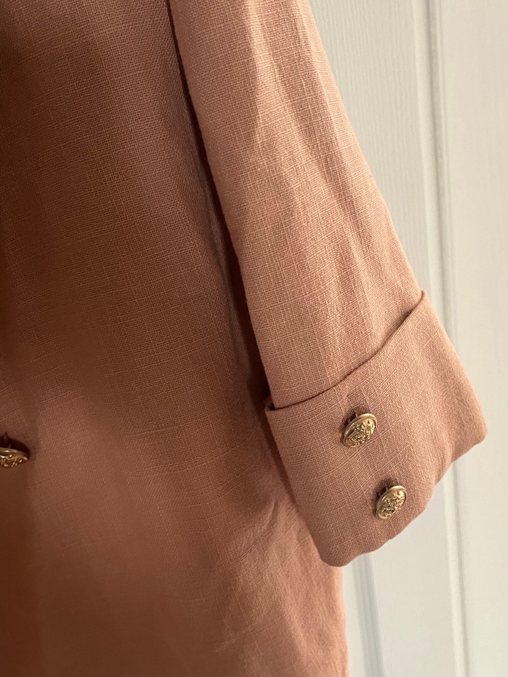 Bej Düğmeli Kadın Keten Blazer - Görsel 5