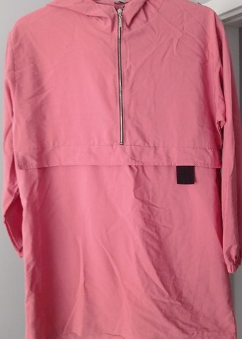 Pembe Midi Kadın Yağmurluk Fermuarlı Kapüşonlu