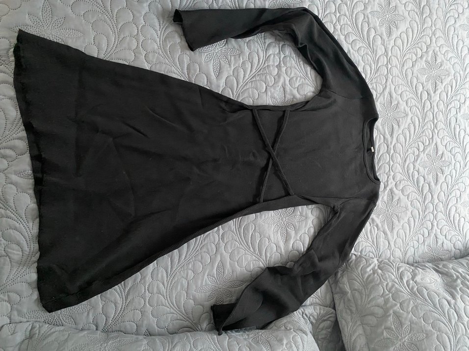 Siyah Mini Elbise, Uzun Kollu, Tek Renk - Görsel 3