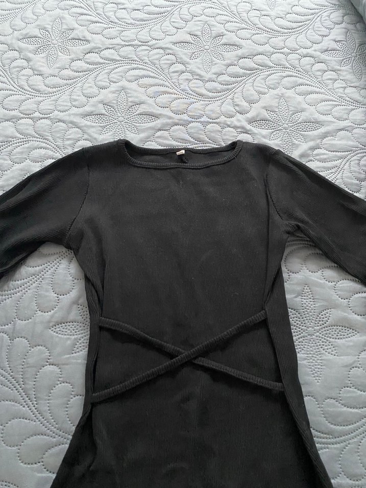 Siyah Mini Elbise, Uzun Kollu, Tek Renk - Görsel 4