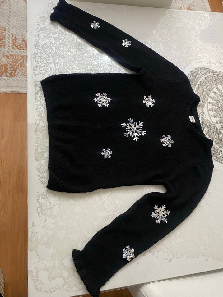 Nakışlı Siyah Kız Çocuk Triko Kazak - Görsel 2