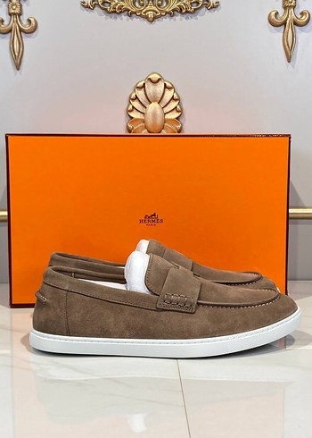 Hermes Gri Süet Erkek Loafer Ayakkabı
