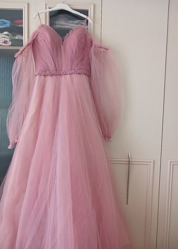 Pudra Pembe Uzun Askılı Nişan Elbisesi