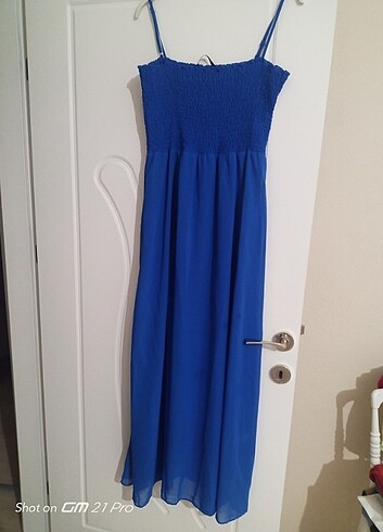 Mavi askılı uzun elbise 