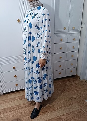 Diğer Fahhar Designe Denizkabuğu Desenli Uzun Astarlı Mavi Tesettür El