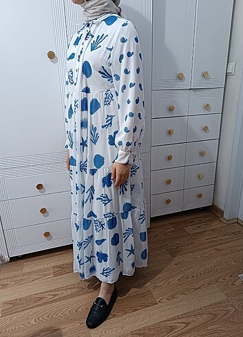 42 Beden Fahhar Designe Denizkabuğu Desenli Uzun Astarlı Mavi Tesettür El