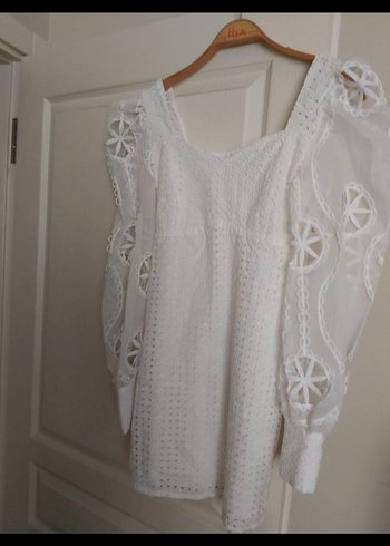 Beyaz Nakışlı Dantel Detaylı Bohem Bluz - Görsel 4