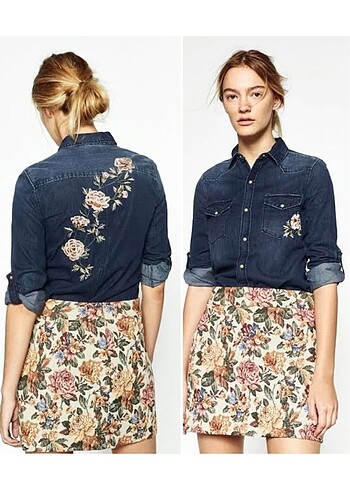 Zara çiçek işlemeli kot gömlek