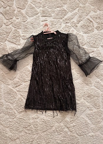 7 Yaş Beden siyah Renk Siyah Uzun Kollu Parlak Gotik Midi Elbise