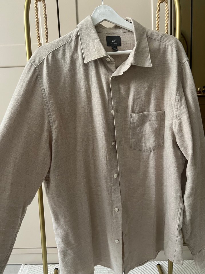 Bej Keten Erkek Gömlek Uzun Kollu - Görsel 2