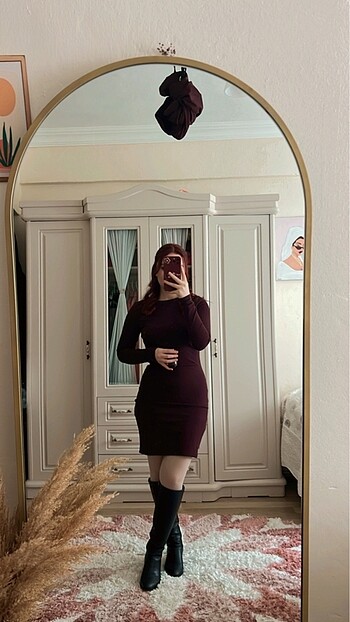 H&M sırt detaylı bordo elbise