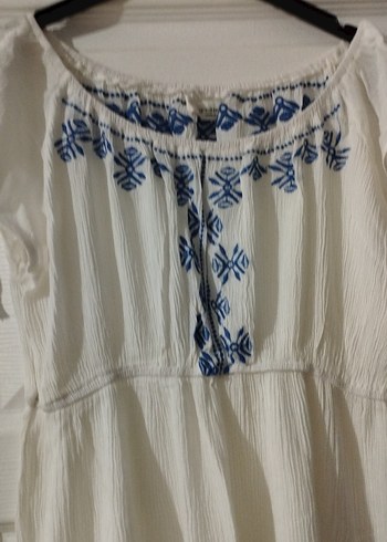 Nakışlı Beyaz Keten Bohem mini plaj elbısesı - Görsel 2