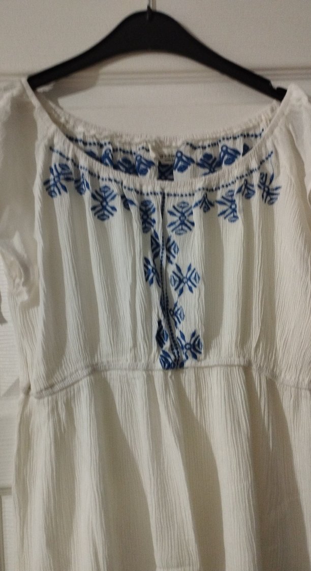 Nakışlı Beyaz Keten Bohem mini plaj elbısesı - Görsel 2