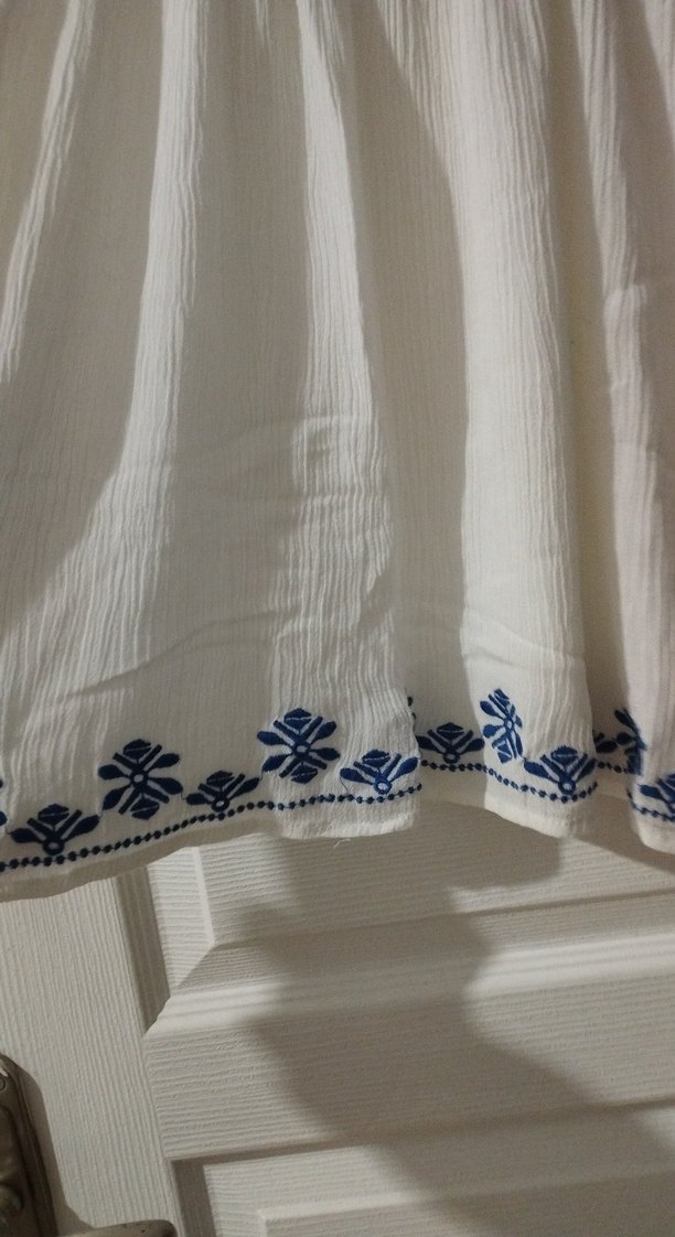 Nakışlı Beyaz Keten Bohem mini plaj elbısesı - Görsel 3