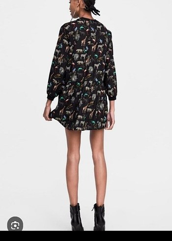 Zara Uzun Kollu Siyah Mini Baskılı Elbise