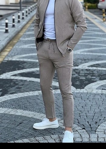 Bej Erkek Kemerli Regular Fit Pantolon takım
