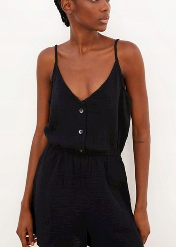 y2kKadın Siyah Keten Mini Tulum V Yaka - Görsel 2