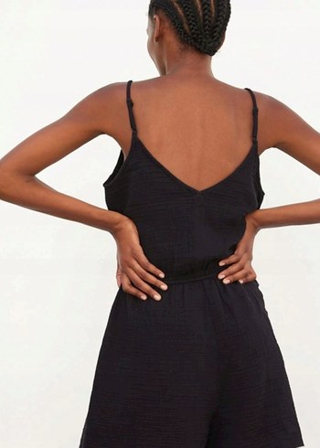 y2kKadın Siyah Keten Mini Tulum V Yaka - Görsel 3