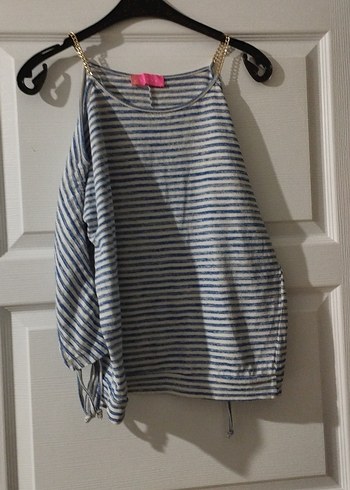 Mavi Çizgili yarım Kollu  Kadın Bluz - Görsel 2