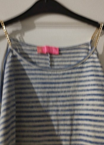 Mavi Çizgili yarım Kollu  Kadın Bluz - Görsel 3