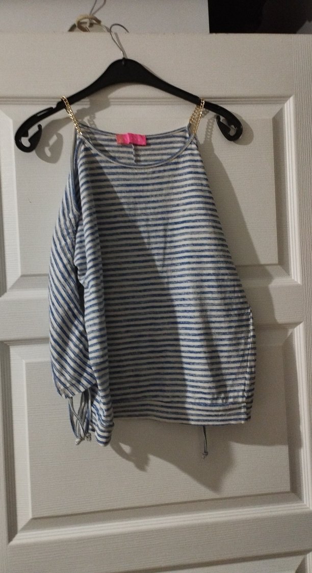 Mavi Çizgili yarım Kollu  Kadın Bluz - Görsel 2