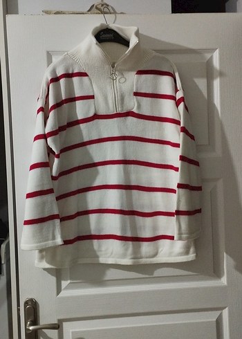 Yarım Fermuarlı Çizgili Kadın Triko - Görsel 2