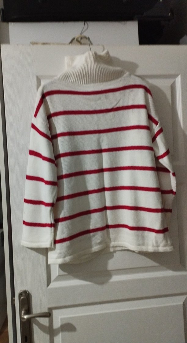 Yarım Fermuarlı Çizgili Kadın Triko - Görsel 4