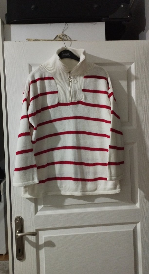 Yarım Fermuarlı Çizgili Kadın Triko - Görsel 2