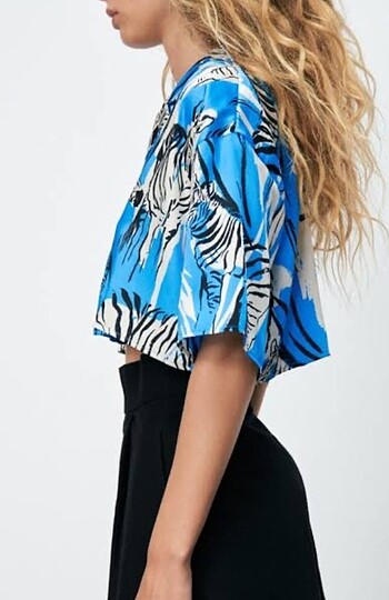 Zara Zara mavi zebra crop gömlek üst