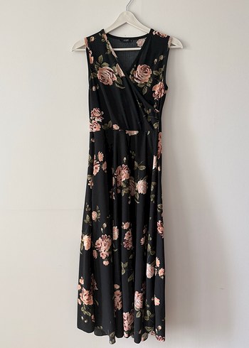 Vintage Love Siyah Pembe Cicekli Kruvaze Uzun Elbise