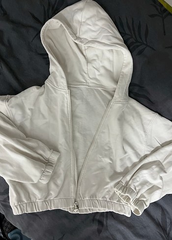 Kapüşonlu Beyaz Fermuarlı Kadın Sweatshirt