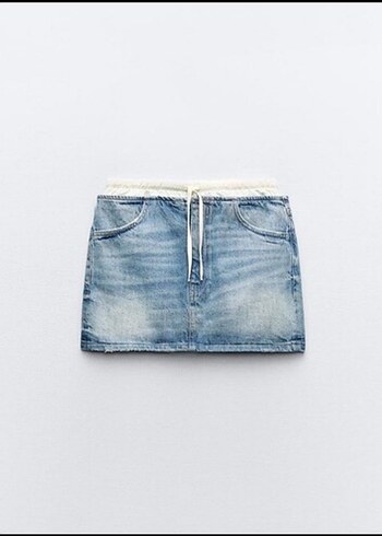 Beli Bağcıklı Mavi Mini Denim Etek