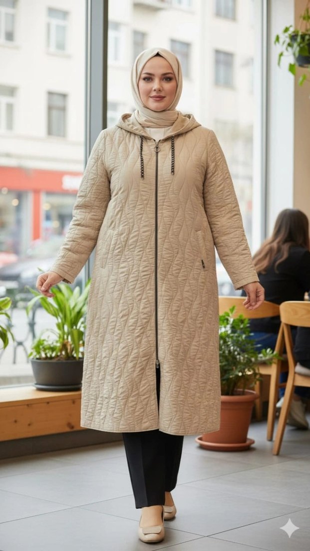 krem Uzun kapitone Kadın  Kap - Görsel 2