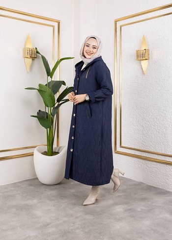 Düğmeli Lacivert  ve krem Kadın Uzun Kot Kaban - Görsel 2