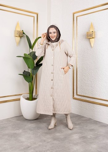 Düğmeli Lacivert  ve krem Kadın Uzun Kot Kaban - Görsel 4