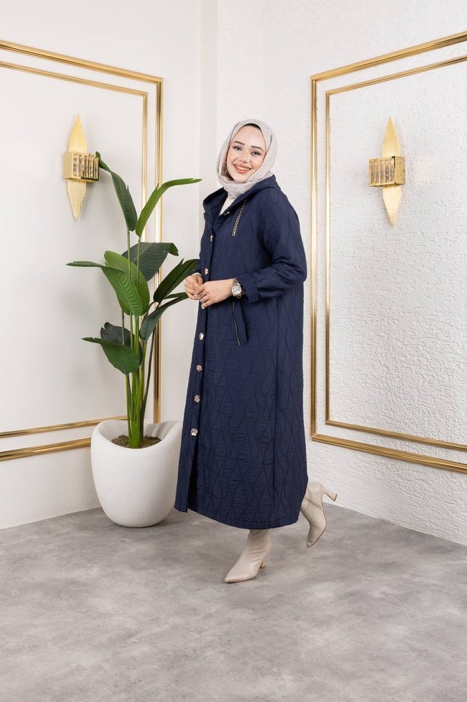 Düğmeli Lacivert  ve krem Kadın Uzun Kot Kaban - Görsel 2