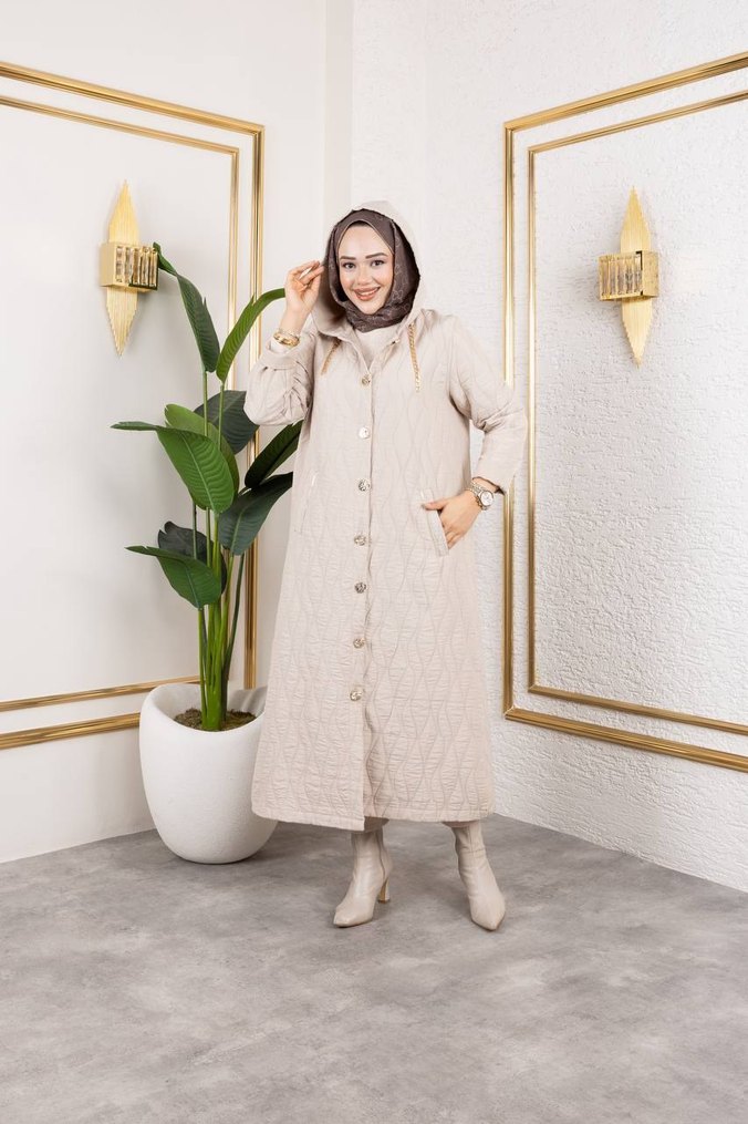 Düğmeli Lacivert  ve krem Kadın Uzun Kot Kaban - Görsel 4