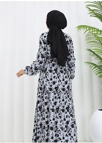 Uzun Kollu Bohem Düğmeli Siyah Gri Elbise - Görsel 2