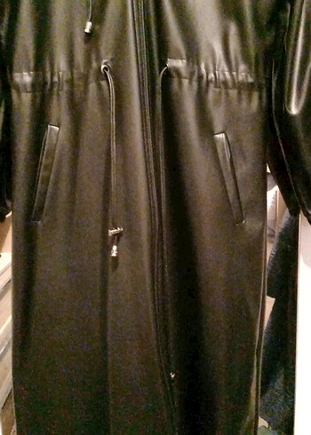 Siyah Uzun Deri Goth Yağmurluk - Görsel 3