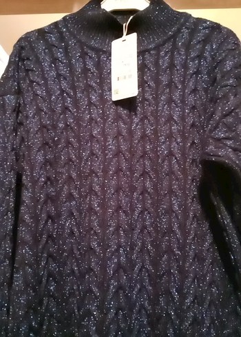 mavi siyah simli   Triko Kadın uzun Kazak - Görsel 2