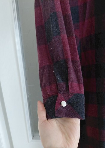 Bordo Ekose Desenli Uzun Rahat Elbise tunik - Görsel 4