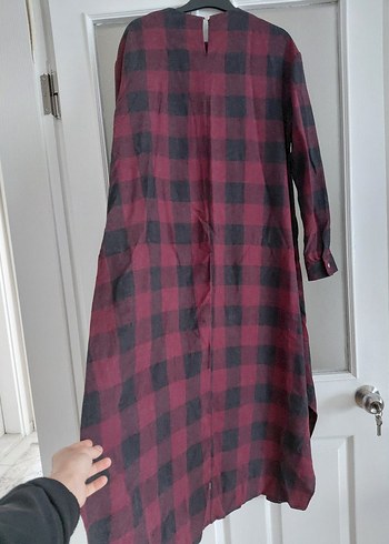 Bordo Ekose Desenli Uzun Rahat Elbise tunik - Görsel 5