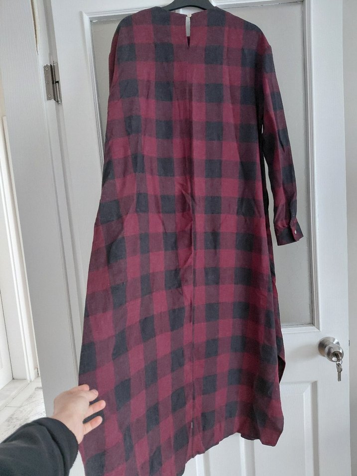 Bordo Ekose Desenli Uzun Rahat Elbise tunik - Görsel 5