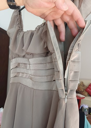 Vizon Fırfırlı Kare Yaka Midi Abiye Elbise - Görsel 7