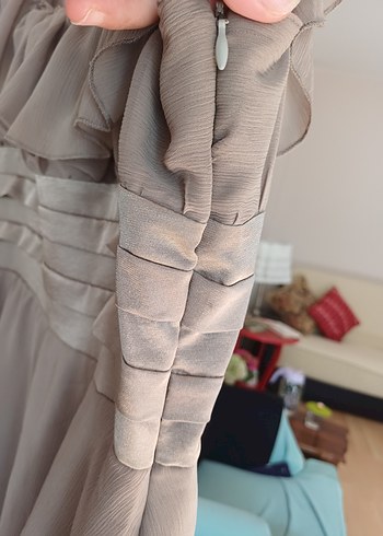 Vizon Fırfırlı Kare Yaka Midi Abiye Elbise - Görsel 6