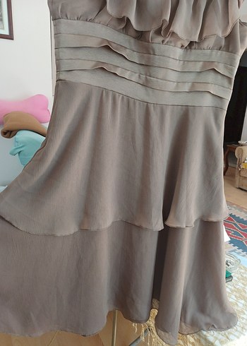 Vizon Fırfırlı Kare Yaka Midi Abiye Elbise - Görsel 2